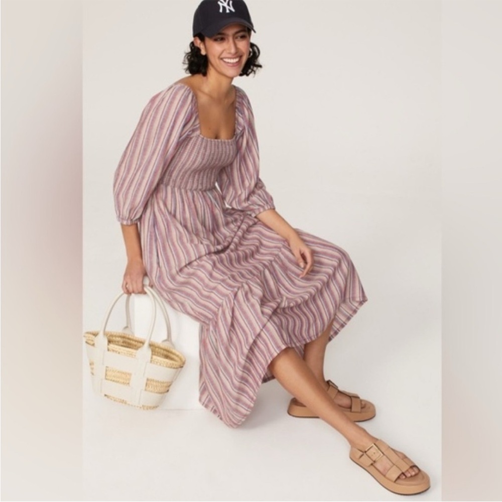 Marine Layer Ivy Smocked Linen Blend Striped Maxi Dress in Brick S